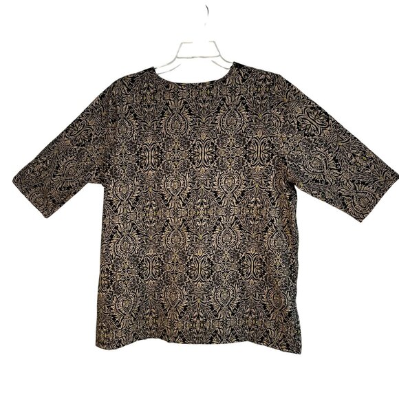 Catherines Easy Fit Tees Collection 1X Olive Green Beige Paisley V-Neck Top - Picture 2 of 10